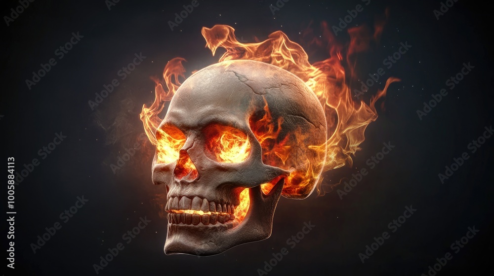 A striking skull engulfed in flames, creating a captivating blend of fear and intrigue. Perfect for dark art themes. A striking skull engulfed in flames, creating a captivating blend of fear and intrigue. Perfect for dark art themes.