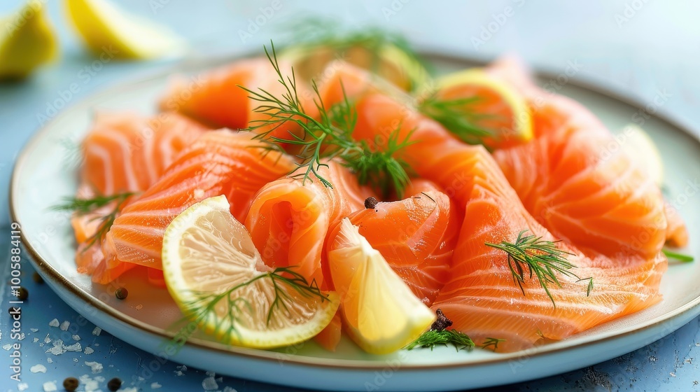 Swedish gravlax with salmon dill and lemon on a soft sky blue background Swedish gravlax with salmon dill and lemon on a soft sky blue background
