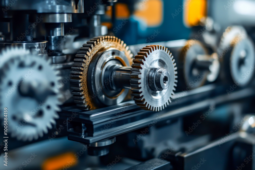 A machine with many gears is shown in a factory. Concept of industrial production and efficiency A machine with many gears is shown in a factory. Concept of industrial production and efficiency