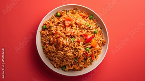 Jollof rice with spiced tomato rice veggies and chicken on red backdrop