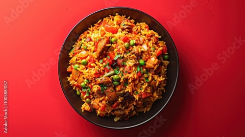 Ghanaian jollof rice with spiced tomato rice vegetables and chicken on red