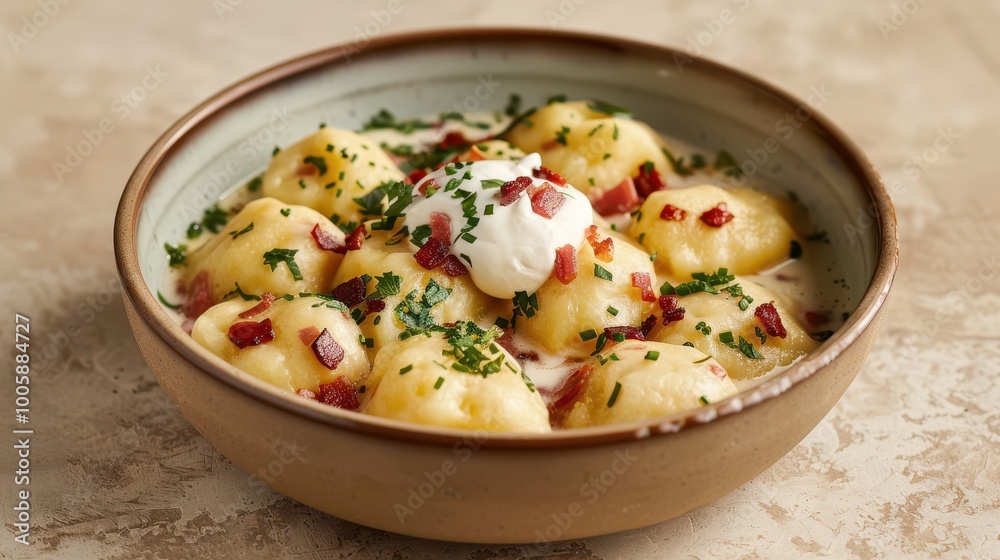Hearty cepelinai dumplings with meat bacon and sour cream on beige backdrop Hearty cepelinai dumplings with meat bacon and sour cream on beige backdrop