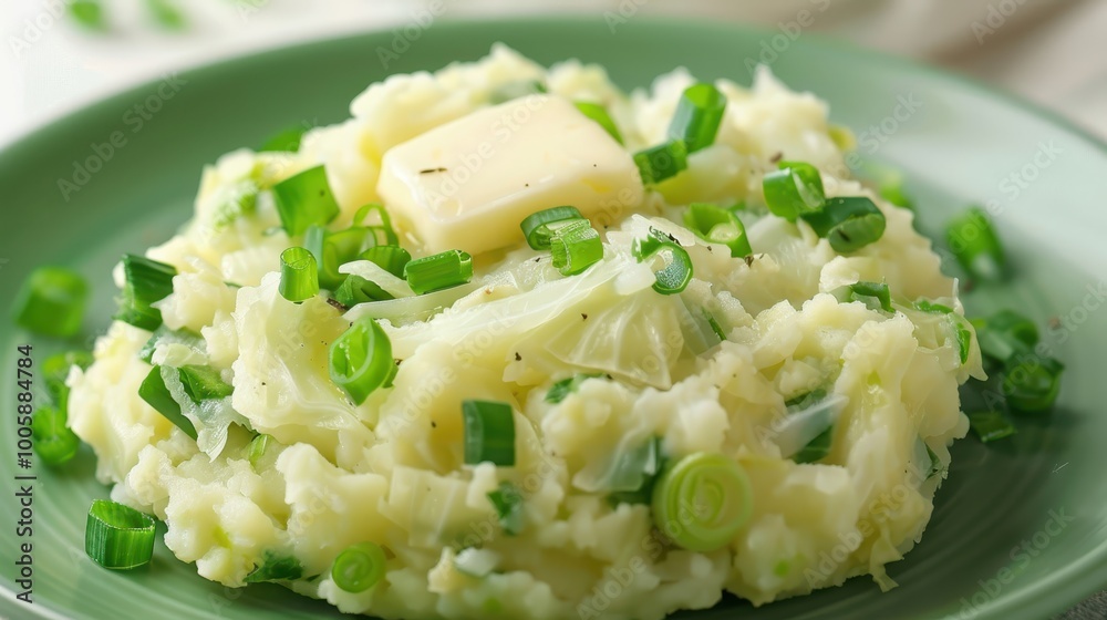 Traditional colcannon with mashed potatoes cabbage and onions on green backdrop Traditional colcannon with mashed potatoes cabbage and onions on green backdrop