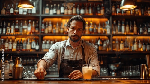 Mixologist making a drink from behind the bar that's empty.