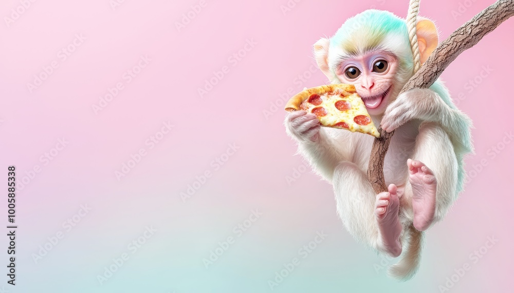 Obraz premium A happy monkey holding a pizza slice with a big smile on a gradient pastel purple and yellow background.