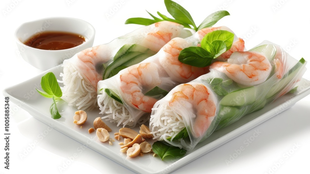 Delicate spring rolls with shrimp vermicelli and peanut sauce on white background Delicate spring rolls with shrimp vermicelli and peanut sauce on white background