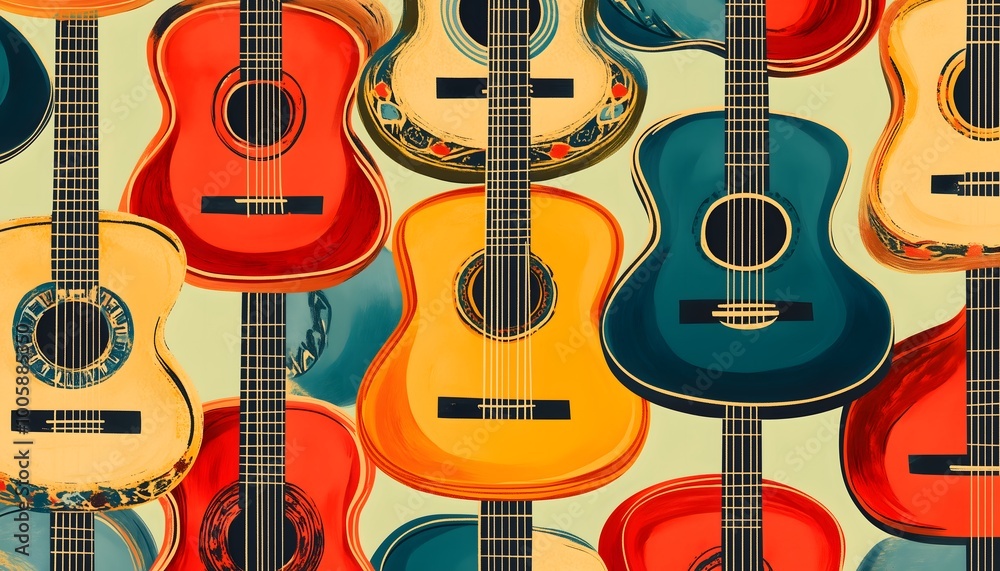 Obraz premium A seamless and colorful pattern of spanish guitars