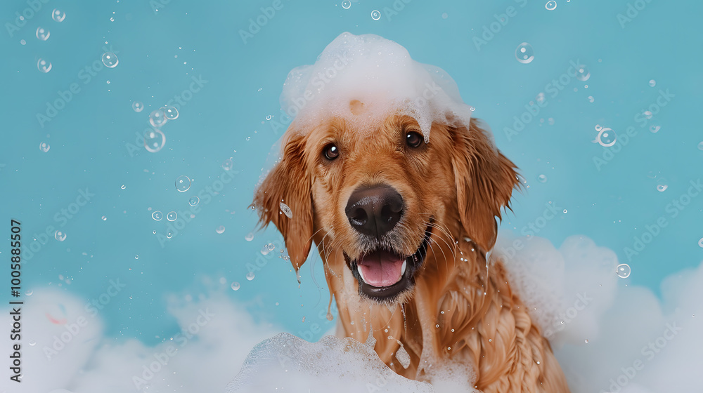 Golden Retriever Dog grooming Enjoying a Bubble Bath on Blue Background Golden Retriever Dog grooming Enjoying a Bubble Bath on Blue Background
