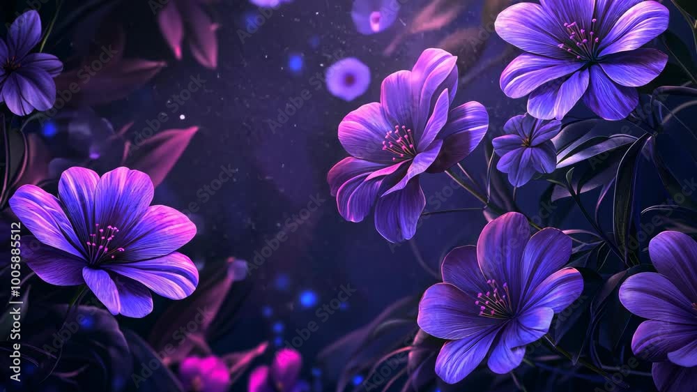 Purple flowers bloom in the dark, illuminated by a soft glow Purple flowers bloom in the dark, illuminated by a soft glow