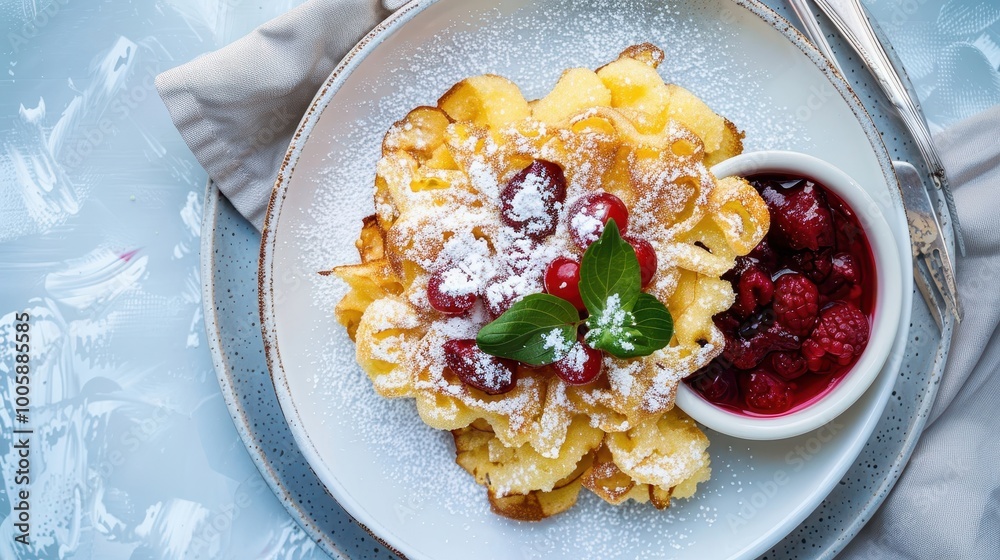 Austrian Kaiserschmarrn pancake with powdered sugar and fruit compote on blue