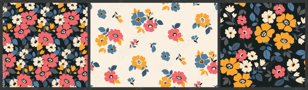 Seamless floral pattern, simple decorative ditsy print, abstract nature ornament of hand drawn plants. Botanical design: daisy flowers, small leaves, bouquets in folk art motif. Vector illustration. Seamless floral pattern, simple decorative ditsy print, abstract nature ornament of hand drawn plants. Botanical design: daisy flowers, small leaves, bouquets in folk art motif. Vector illustration.