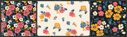 Seamless floral pattern, simple decorative ditsy print, abstract nature ornament of hand drawn plants. Botanical design: daisy flowers, small leaves, bouquets in folk art motif. Vector illustration.