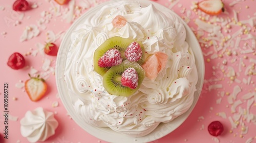 Pavlova meringue with cream kiwi and berries on pastel pink wallpaper