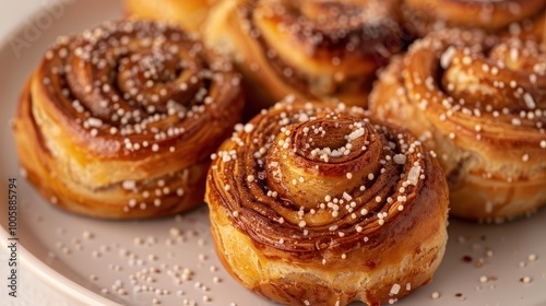 Swedish kanelbullar buns with cinnamon and sugar centered on beige backdrop