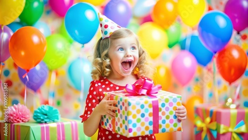 Cheerful Little Girl Celebrating Her Colorful Birthday Surrounded by Balloons and Gifts