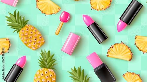 Abstract vector pattern of lip gloss and pineapple slices on a checkered pastel green background. photo