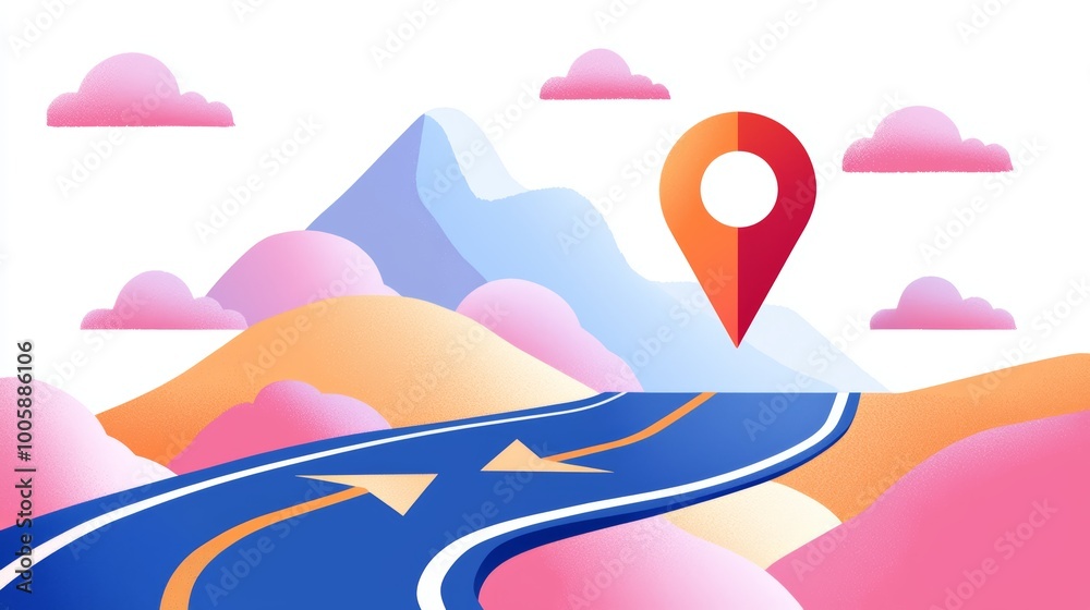 A fun and colorful road trip map with arrows, clouds, and a large location pin marking the destination, capturing the thrill of the journey.