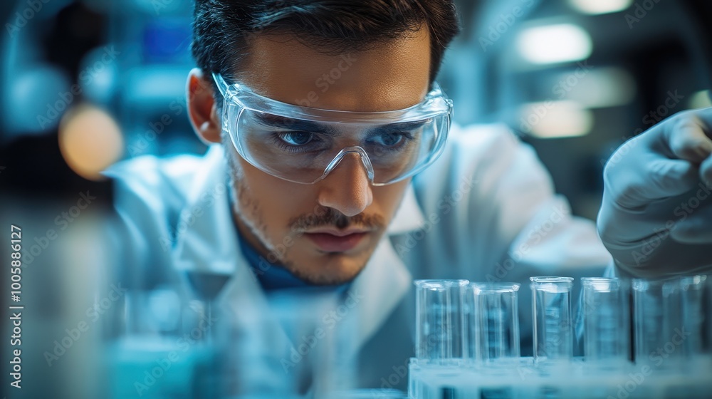 Focused Scientist Conducting Research in a Modern Laboratory with Test Tubes and Advanced Equipment