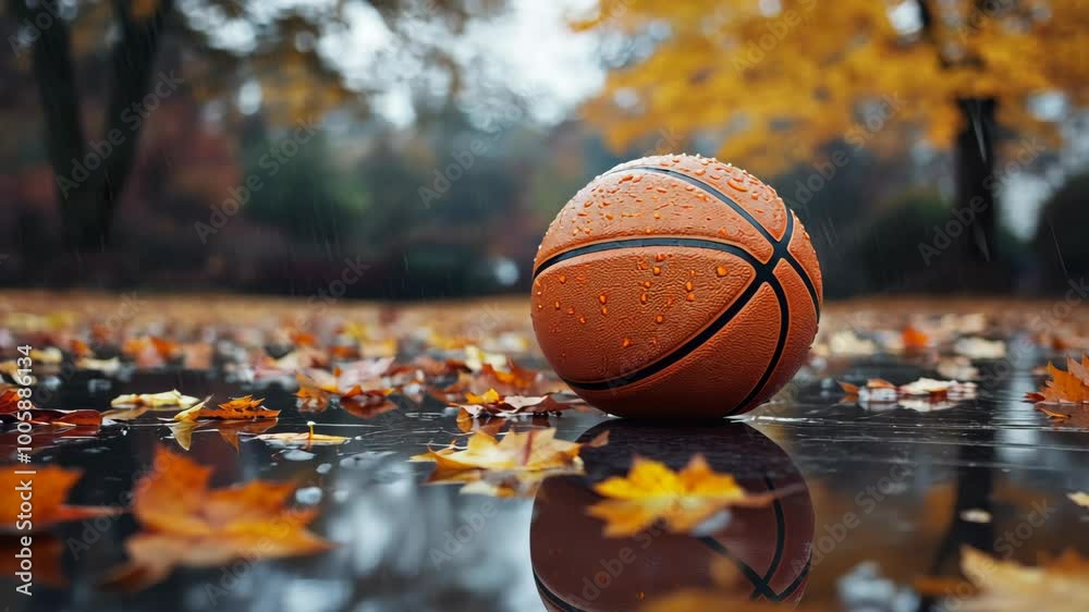 A basketball sits on a wet sidewalk surrounded by autumn leaves A basketball sits on a wet sidewalk surrounded by autumn leaves