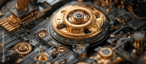 Close-Up of Intricate Gold and Black Mechanical Gears in a Modern Industrial Setting