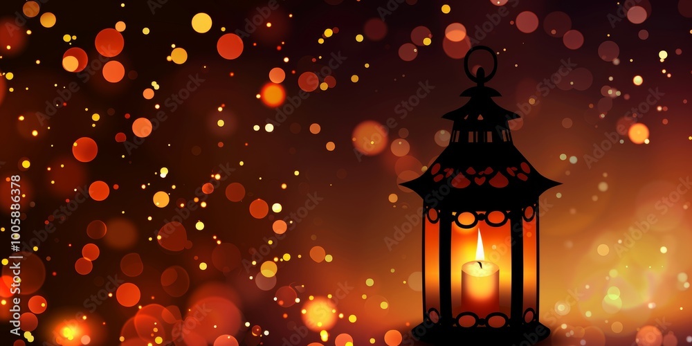 A candle is lit in a lantern with a black frame. The lantern is surrounded by a blurry background of stars and light. The lantern and candle create a warm and cozy atmosphere A candle is lit in a lantern with a black frame. The lantern is surrounded by a blurry background of stars and light. The lantern and candle create a warm and cozy atmosphere