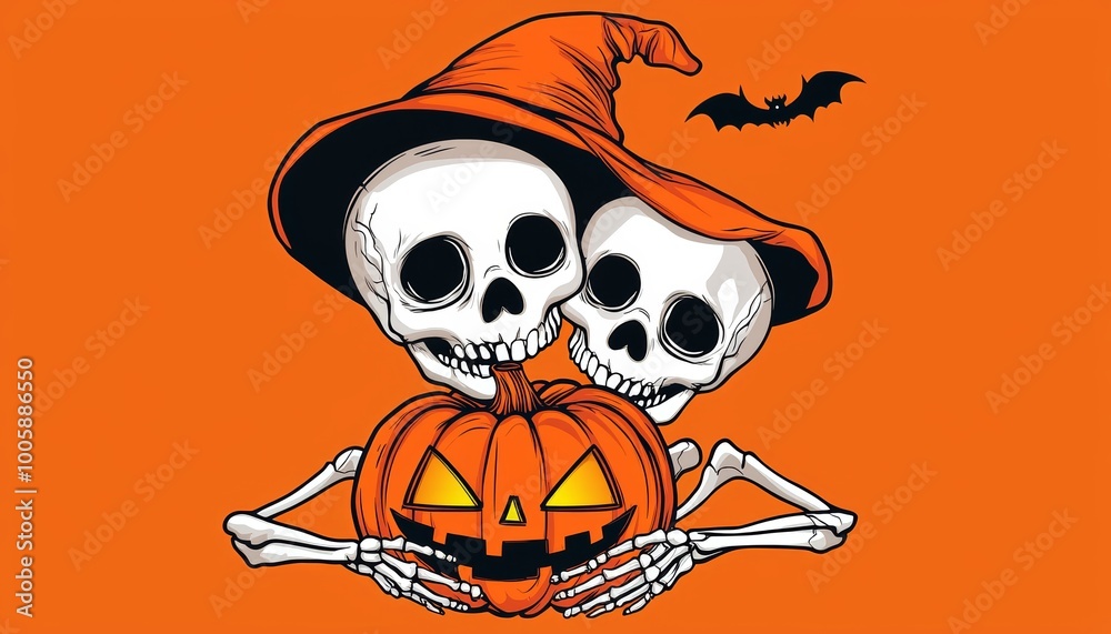 A happy little skeleton wearing an orange hat, holding a jack-o'-lantern with a glowing smile, perfect for a family-friendly Halloween design. A happy little skeleton wearing an orange hat, holding a jack-o'-lantern with a glowing smile, perfect for a family-friendly Halloween design.