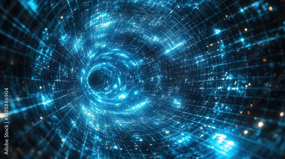 Craft a holographic 3D abstract model of a theoretical wormhole in space Craft a holographic 3D abstract model of a theoretical wormhole in space