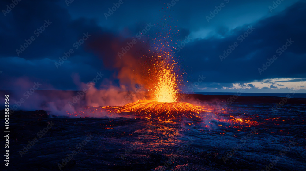 Fototapeta premium A volcano is erupting in the middle of a dark sky. The lava is orange and the sky is cloudy