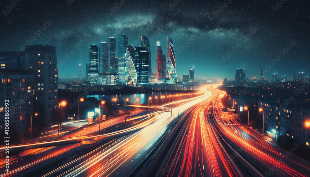 Fototapeta premium A vibrant night cityscape with fast-moving lights from cars and buildings illuminated against a starry sky. The scene captures the pulse of a bustling modern city at night