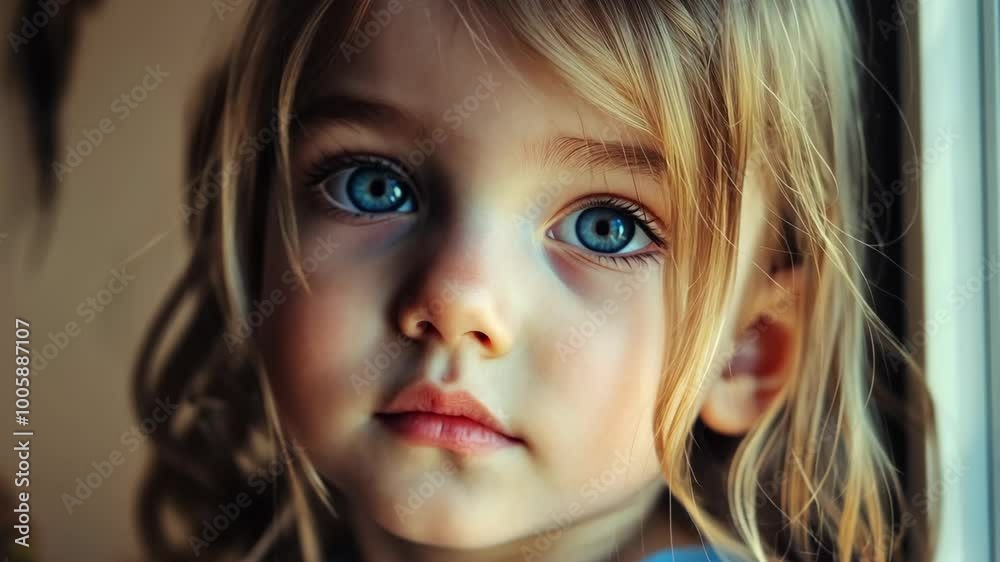 A young girl with blue eyes looks thoughtfully out of a window A young girl with blue eyes looks thoughtfully out of a window
