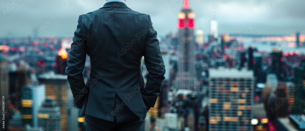 Businessman in Suit Overlooking City Skyline Businessman in Suit Overlooking City Skyline