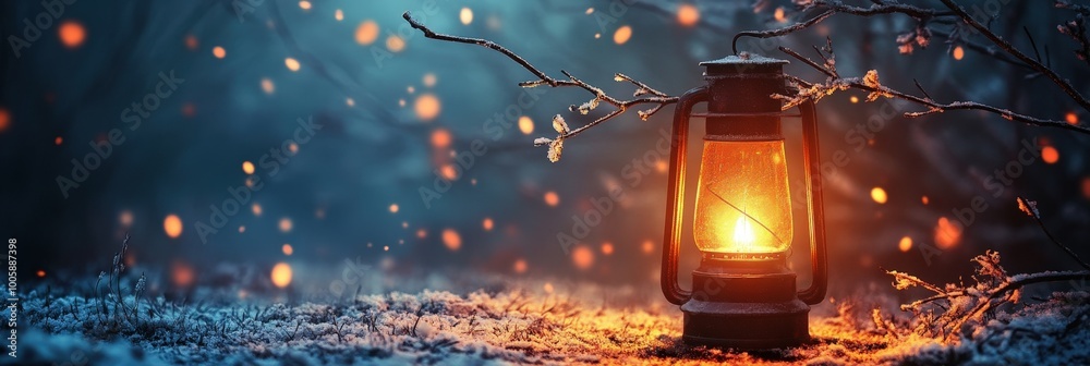 Glowing Lantern in Winter Landscape at Dusk Glowing Lantern in Winter Landscape at Dusk