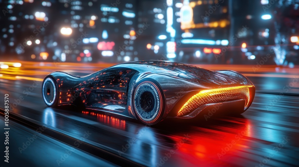 Futuristic Electric Car on Neon-Lit City Street at Night with Blurred Motion Effect Futuristic Electric Car on Neon-Lit City Street at Night with Blurred Motion Effect