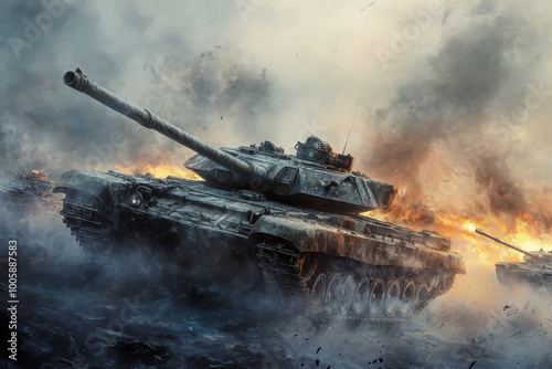 A tank is in the middle of a battle with other tanks. The tank is surrounded by smoke and fire, and it is the only tank that is not destroyed