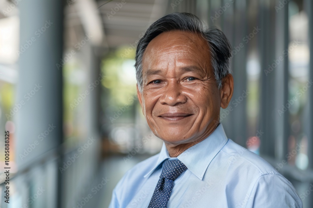 Portrait of successful senior Khmer businessman consultant looking at camera and smiling inside modern office building , background blur