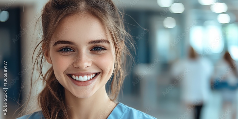 Portrait of a medical assistant greeting a patient at reception, warm and welcoming demeanor, modern clinic backdrop Portrait of a medical assistant greeting a patient at reception, warm and welcoming demeanor, modern clinic backdrop