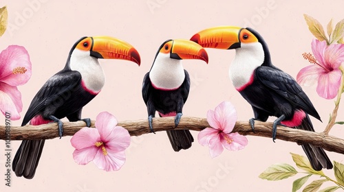 A trio of toucans perched gracefully on intertwined branches, with soft, tropical flowers blooming around them, set against a warm background. photo