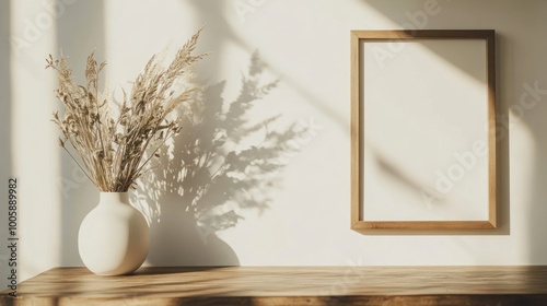 A minimalist scene featuring a vase with dried plants and a blank frame on a wooden table.