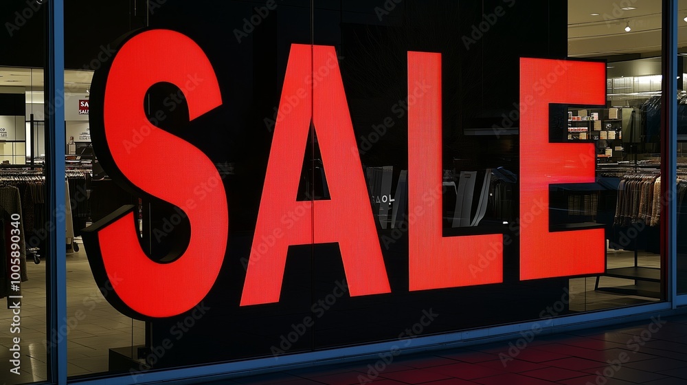 Bright red SALE sign on a glass storefront window, reflecting the illuminated store interior Bright red SALE sign on a glass storefront window, reflecting the illuminated store interior