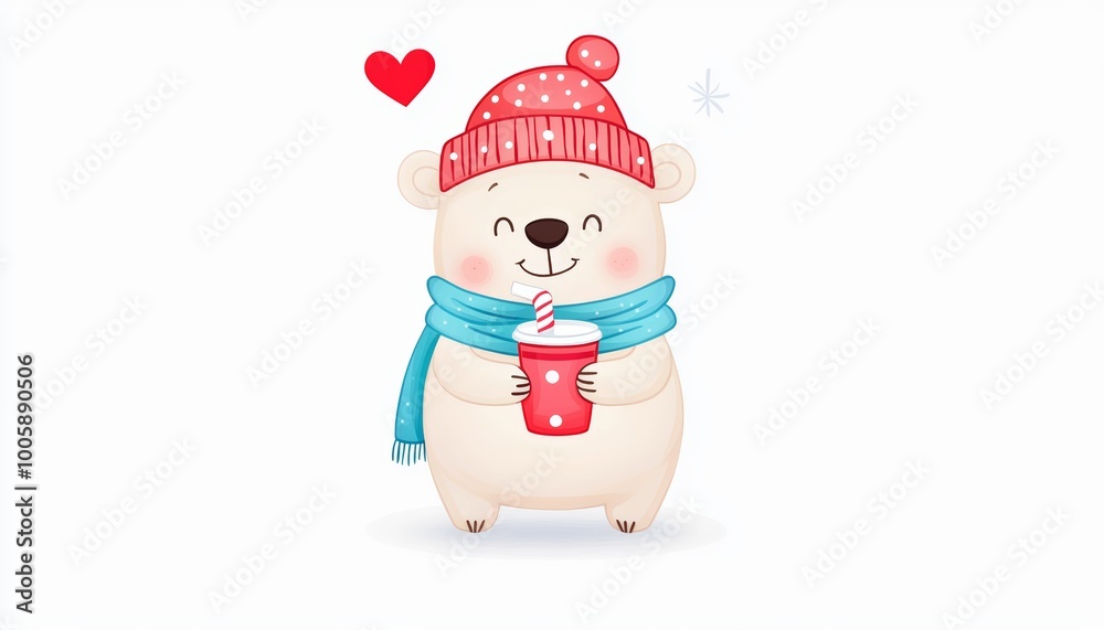 Adorable, chubby bear wrapped in a warm scarf and hat, sipping a hot drink on a chilly day. Adorable, chubby bear wrapped in a warm scarf and hat, sipping a hot drink on a chilly day.