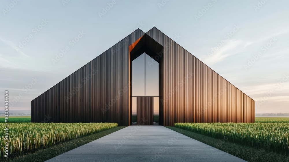 Minimalist modern rural house with wooden panels and large open spaces functional architecture in a natural setting Minimalist modern rural house with wooden panels and large open spaces functional architecture in a natural setting