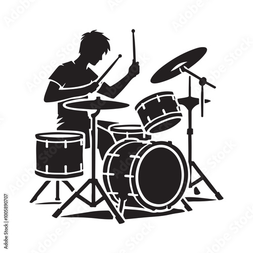 Drummer Playing Drum Set Silhouette