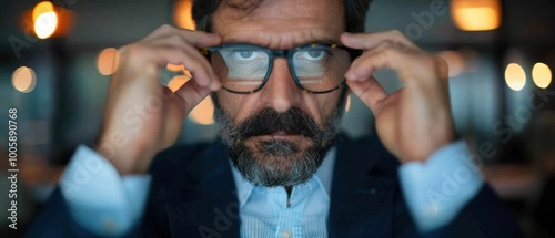 Man in Suit Adjusting Glasses in Professional Setting photo