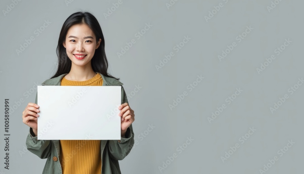 Smiling woman holding a blank white card. Portrait photography with copy space for advertisement and marketing design Smiling woman holding a blank white card. Portrait photography with copy space for advertisement and marketing design