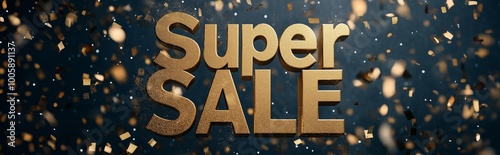 Golden super sale text with scattered confetti and sparkling particles floating against a dark background