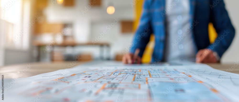 Obraz premium Businessman in Suit Reviewing Architectural Blueprints