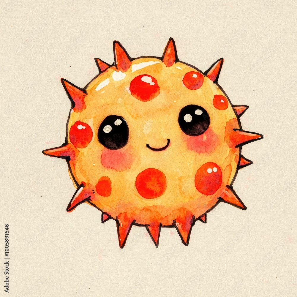 Cute Cartoon Spiky Yellow Ball Character with Red Dots and Smiling Face Cute Cartoon Spiky Yellow Ball Character with Red Dots and Smiling Face