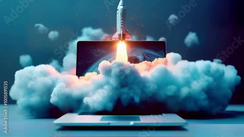Rocket flying from laptop screen space concept by cloud computing