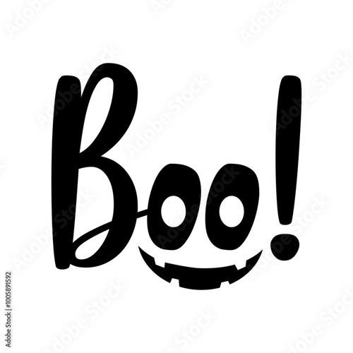 Logo con palabra boo con ojos en lugar de letra O y sonrisa de calabaza para tarjetas y felicitaciones de Halloween