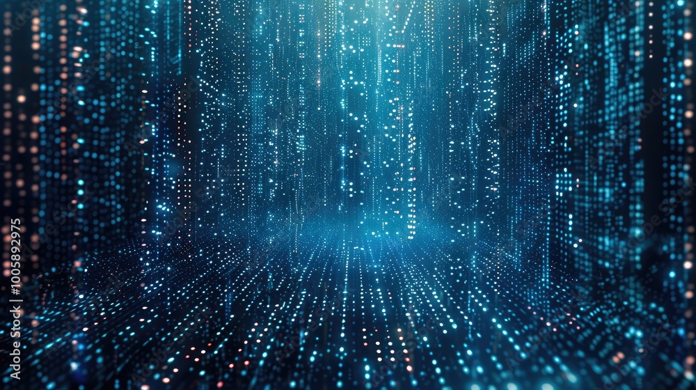 Illustration of code compiling like the Matrix background from top down, blue colored lines, dark background.